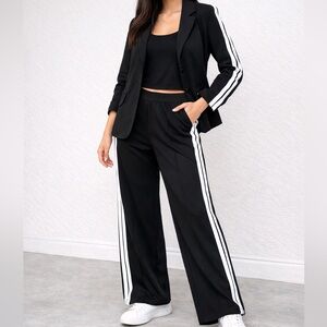 CHICME Black Two-Piece Suit with White Side Stripes | Blazer & Wide-Leg Pants